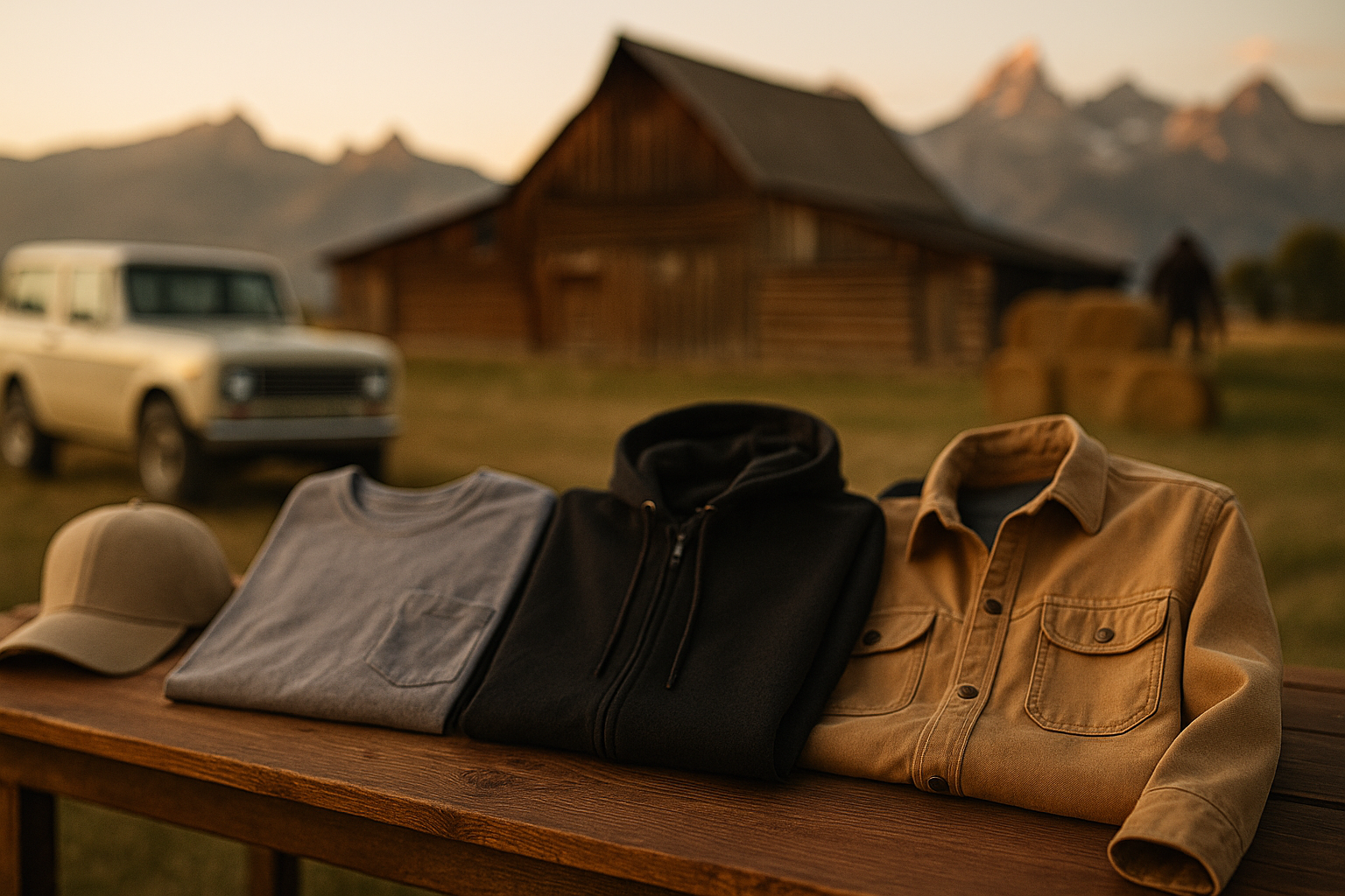 Folded rugged outdoor clothing and canvas bags on a wooden table at sunrise in Wyoming. The warm light reflects the timeless spirit of the American frontier — freedom, craftsmanship, and adventure.