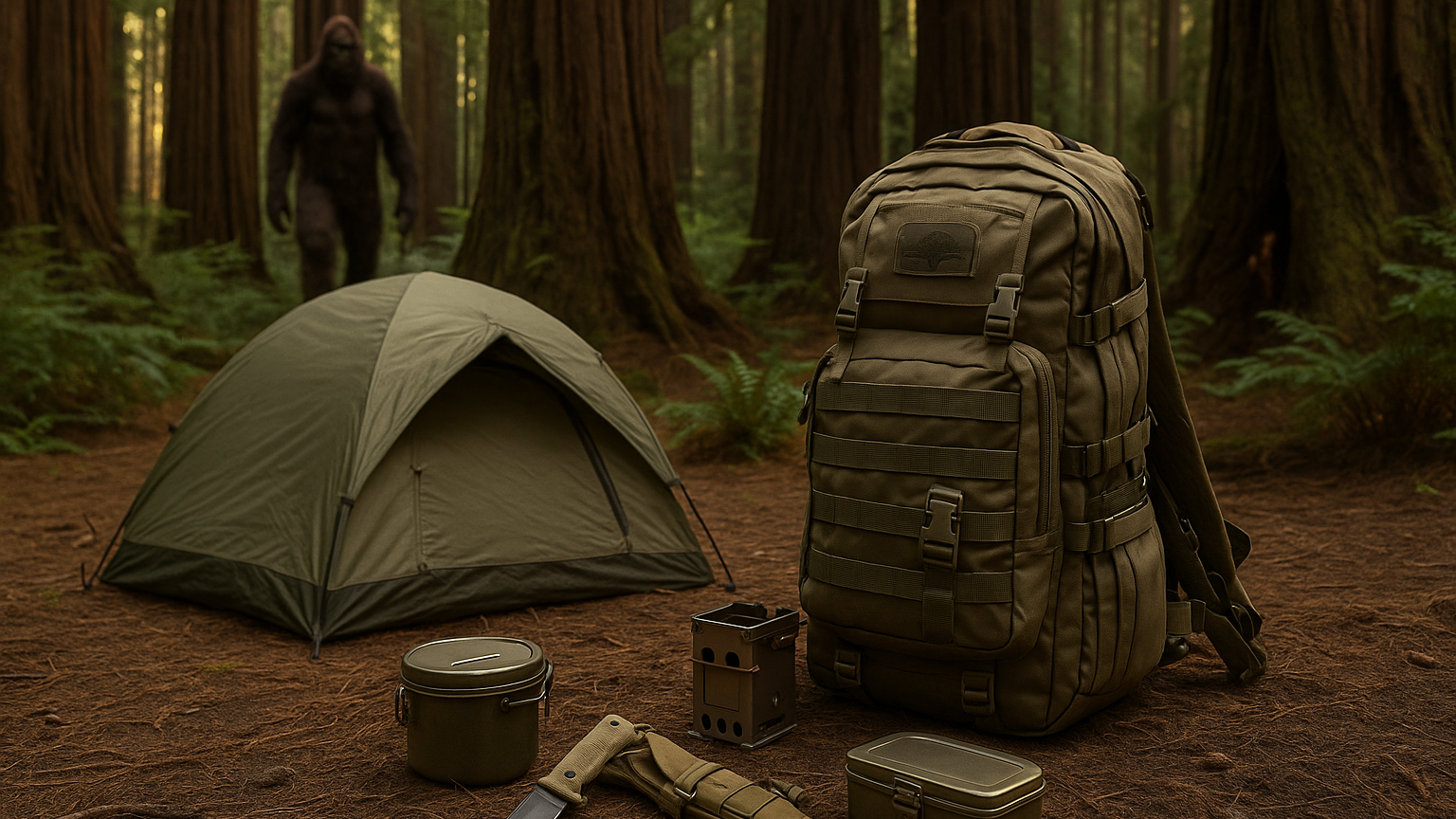 A rugged backpack, survival tent, and gear set up deep in the forest — lit by soft morning light. The scene captures endurance, solitude, and the raw spirit of survival in the wild.